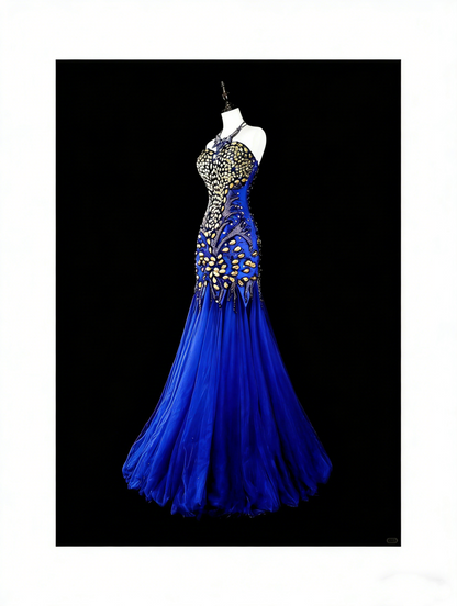 Robe de bal longue vintage sirène bleu royal en tulle, coupe cœur, années 70, référence N1833
