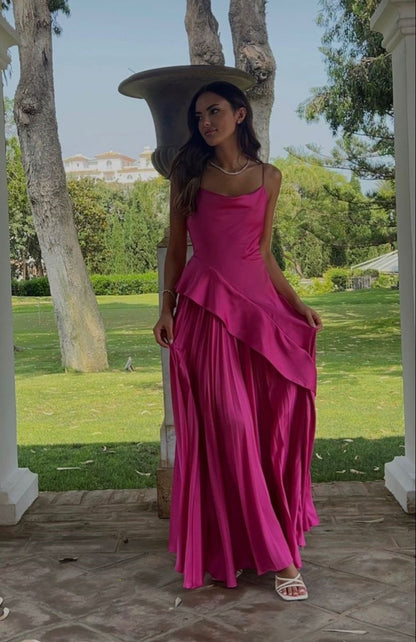 Robe longue de soirée rose fuchsia coupe trapèze à fines bretelles N2391