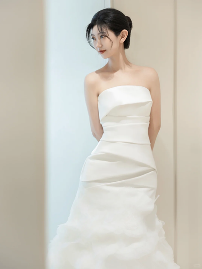 Vintage Mermaid Strapless Sleeveless White Fitted Pleated Long Wedding Dress Bride Gown Wedding Dresses RB1877