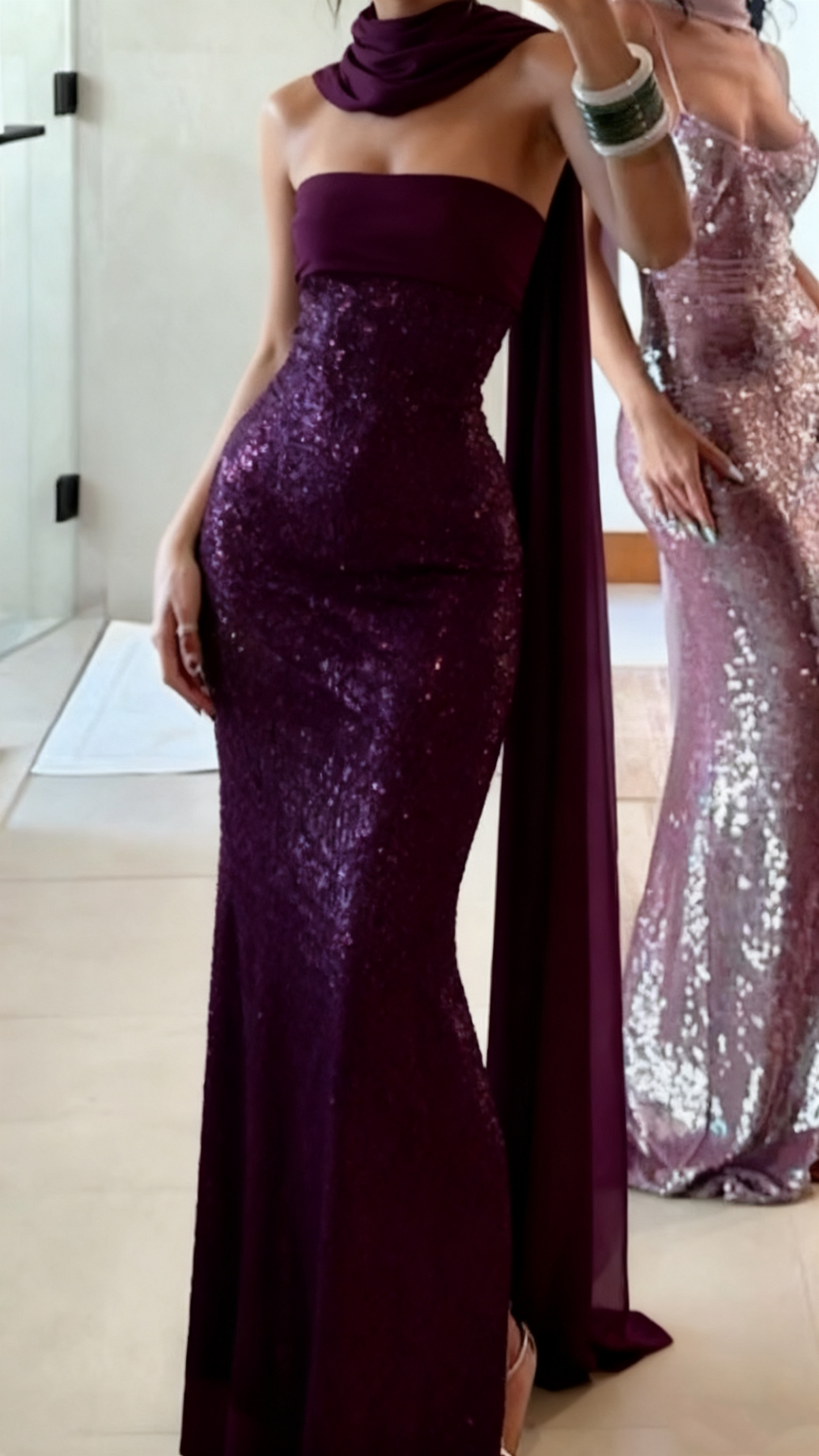 Sparkle Prom Dresses Mermaid Strapless Sequins Mint Green Slit Back Fashion Long Prom Dresses Party Gowns With Scarf AB315