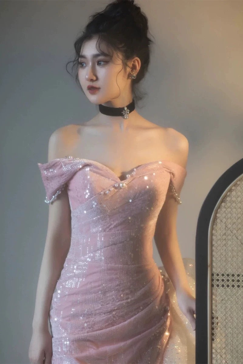 Élégante Robe de Soirée Formelle Sirène Rose Épaules Dénudées Manches Courtes Paillettes Anniversaire Bal de Promo N2816