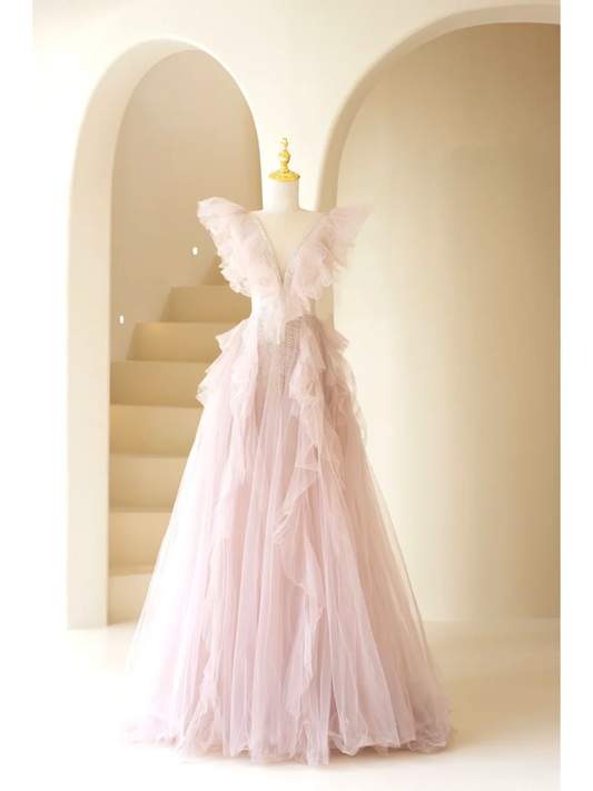 Niedliches, langes, rosafarbenes Tüll-Abendkleid mit A-Linien-Ausschnitt und V-Ausschnitt – ein echter Hingucker zum 18. Geburtstag (AB863)