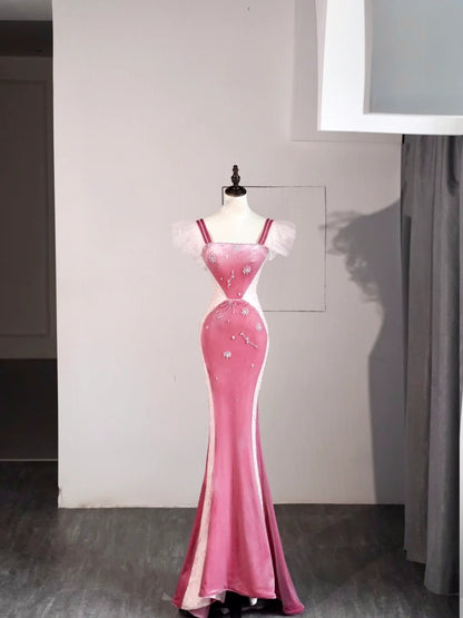 Robe de bal de fin d'année élégante, coupe sirène carrée, en velours rose sans manches, robe longue de cérémonie pour lycéenne N1277
