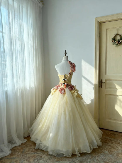 Princess Ball Gown One Shoulder Pastel Yellow Tulle Long Sweet 15 16 Quinceanera Dresses Seventeen Quince Dress RB4249