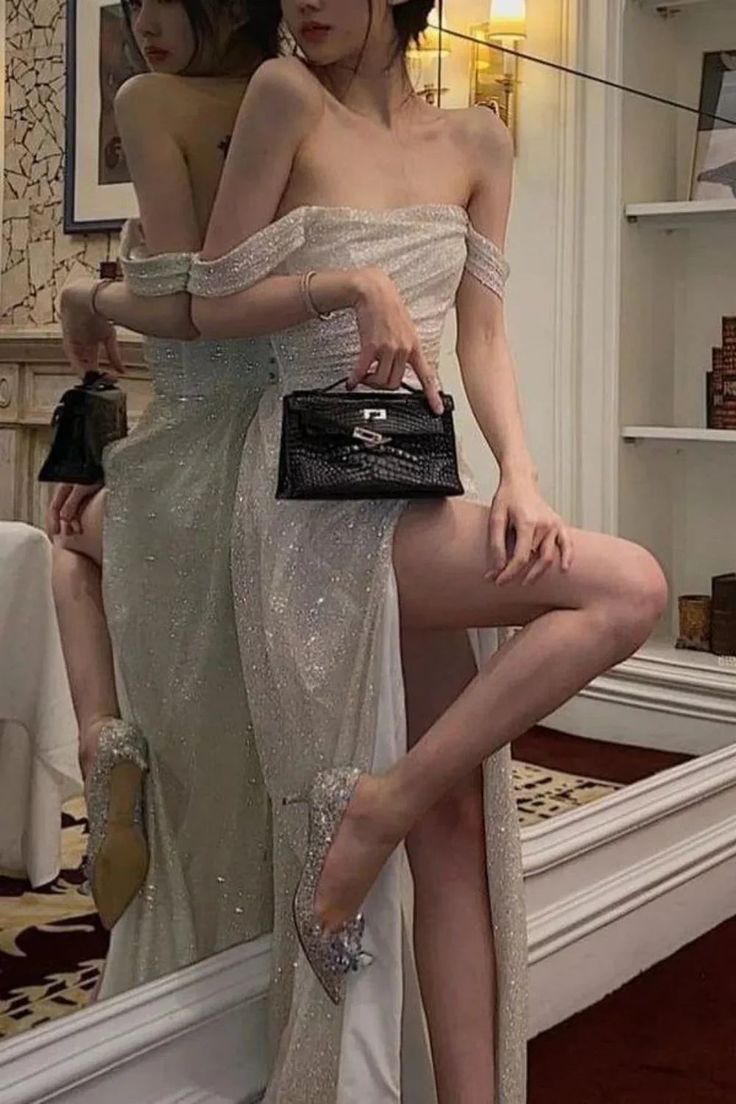 Glänzende schulterfreie Ballkleider, langes formelles Abendkleid mit hohem Schlitz, Partykleider N341