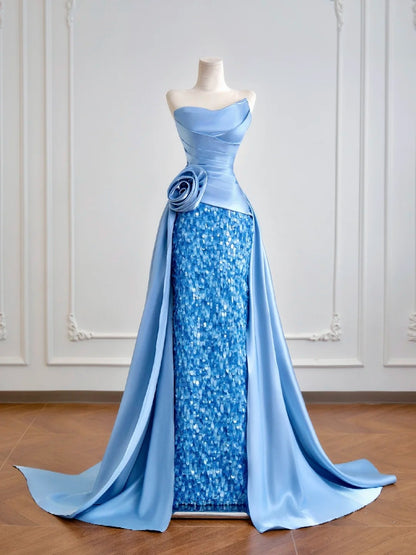 Luxuriöses, trägerloses Meerjungfrauen-Abendkleid aus blauem Satin mit Pailletten, langes formelles Abendkleid für Geburtstagsfeiern N381