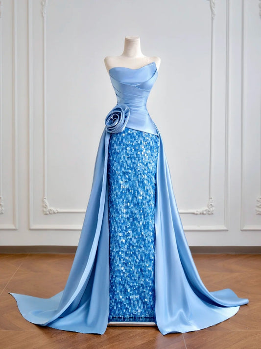 Luxuriöses, trägerloses Meerjungfrauen-Abendkleid aus blauem Satin mit Pailletten, langes formelles Abendkleid für Geburtstagsfeiern N381