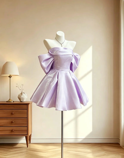 Hübsche Outfit-Ideen für Teenager-Mädchen schulterfrei, Inspiration, kurzes fliederfarbenes Ballkleid, Geburtstags-Outfits, Heimkehrkleid RB3063
