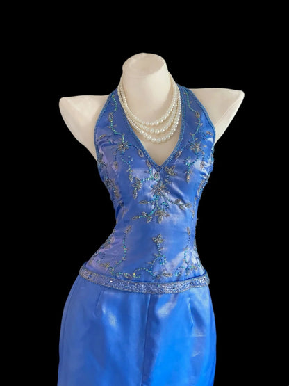 Sparkly Mermaid Halter Royal Blue High Low Long Prom Dresses Inspo Evening Outfits RB4016