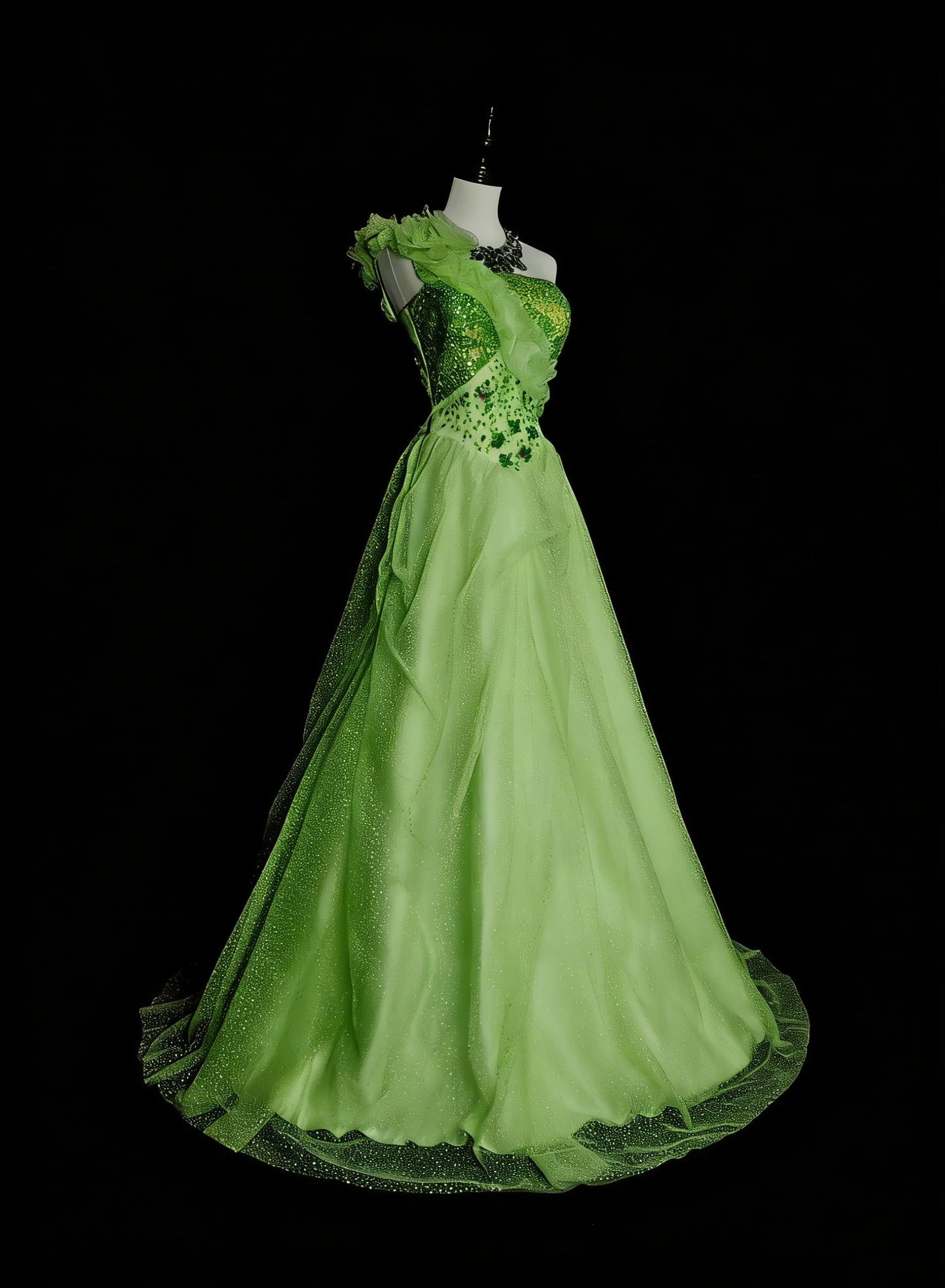 Robe de bal sobre asymétrique en tulle vert, longue, idéale pour l'été, les bals de fin d'année et les soirées de printemps (N1418).
