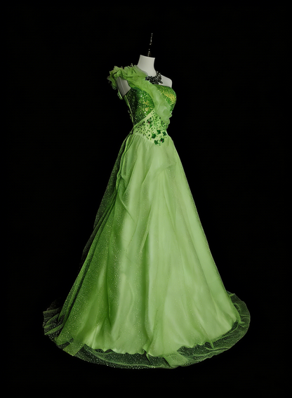 Robe de bal sobre asymétrique en tulle vert, longue, idéale pour l'été, les bals de fin d'année et les soirées de printemps (N1418).