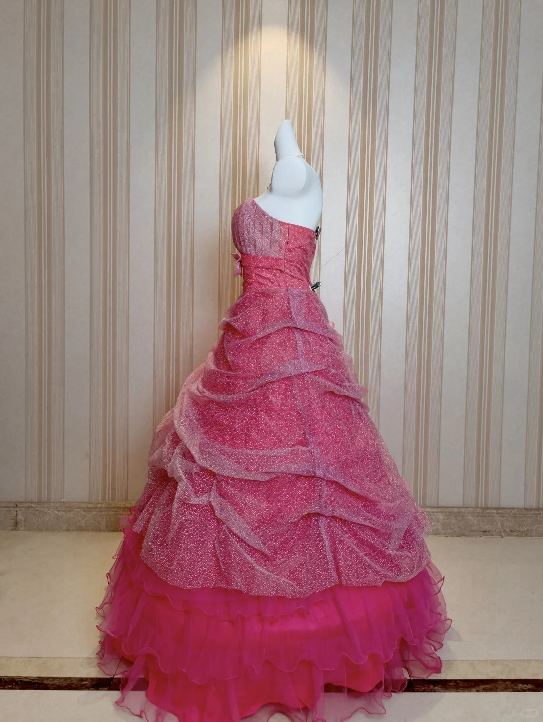 Sweet Ball Gown Strapless Tulle Pink Tiered Sweet 16 Dresses Quinceanera Dress Long 15 Vestidos De Fiesta N4211