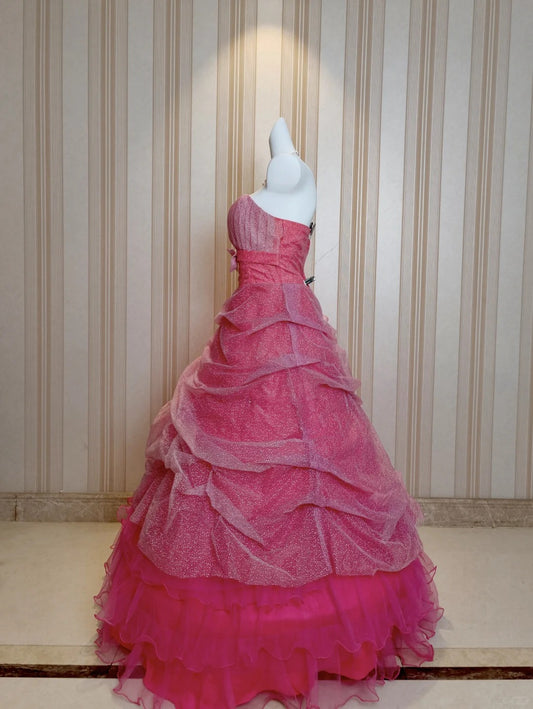 Sweet Ball Gown Strapless Tulle Pink Tiered Sweet 16 Dresses Quinceanera Dress Long 15 Vestidos De Fiesta N4211