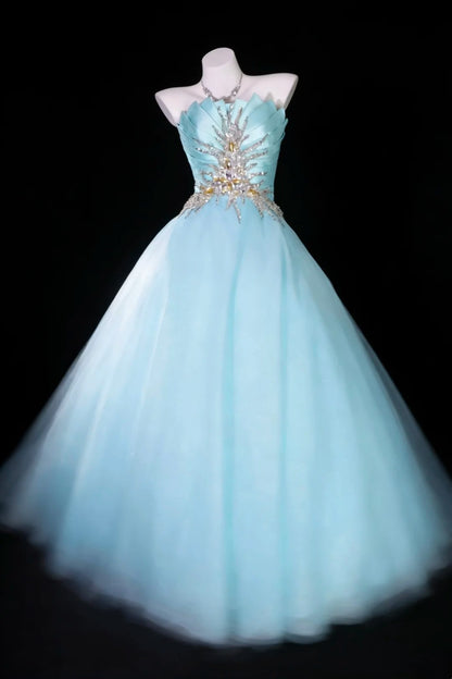 Bescheidene Ballkleider für den Abschlussball, trägerlos, helles Himmelblau, Tüll mit Perlenstickerei, langes Quinceañera-Kleid N2971