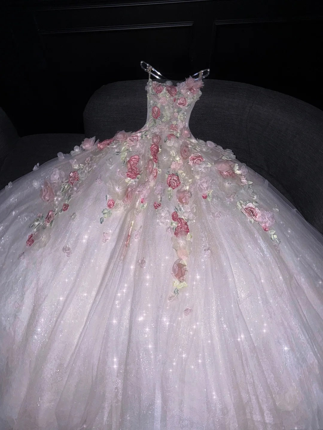 Prinzessinnen-Ballkleid, trägerlos, rosa, geblümter Tüll, langes formelles Abendkleid, formelles Kleid zum 18. Geburtstag, Ballkleid N736