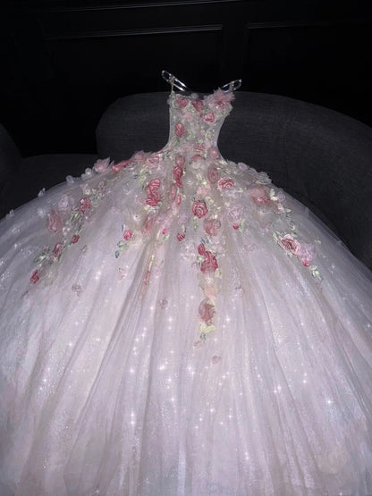 Prinzessinnen-Ballkleid, trägerlos, rosa, geblümter Tüll, langes formelles Abendkleid, formelles Kleid zum 18. Geburtstag, Ballkleid N736