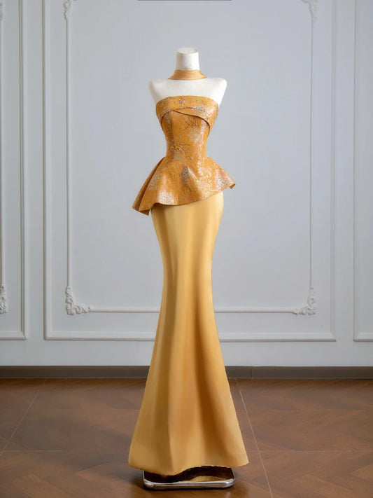 Robe de bal longue sirène romantique dorée sans bretelles avec foulard, idéale pour un 18e anniversaire (N398)