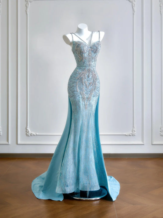 Luxuriöses Meerjungfrauen-Abendkleid mit Spaghettiträgern, blau mit silbernen Perlen, langes formelles Abendkleid für Geburtstagsfeiern, N380