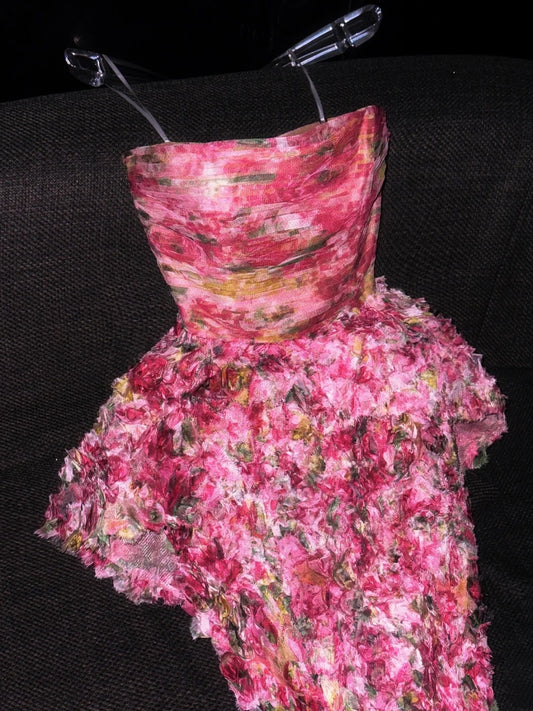 Elegantes, trägerloses, ärmelloses, langes Meerjungfrauen-Abendkleid mit Blumenmuster in Rosa, N1264