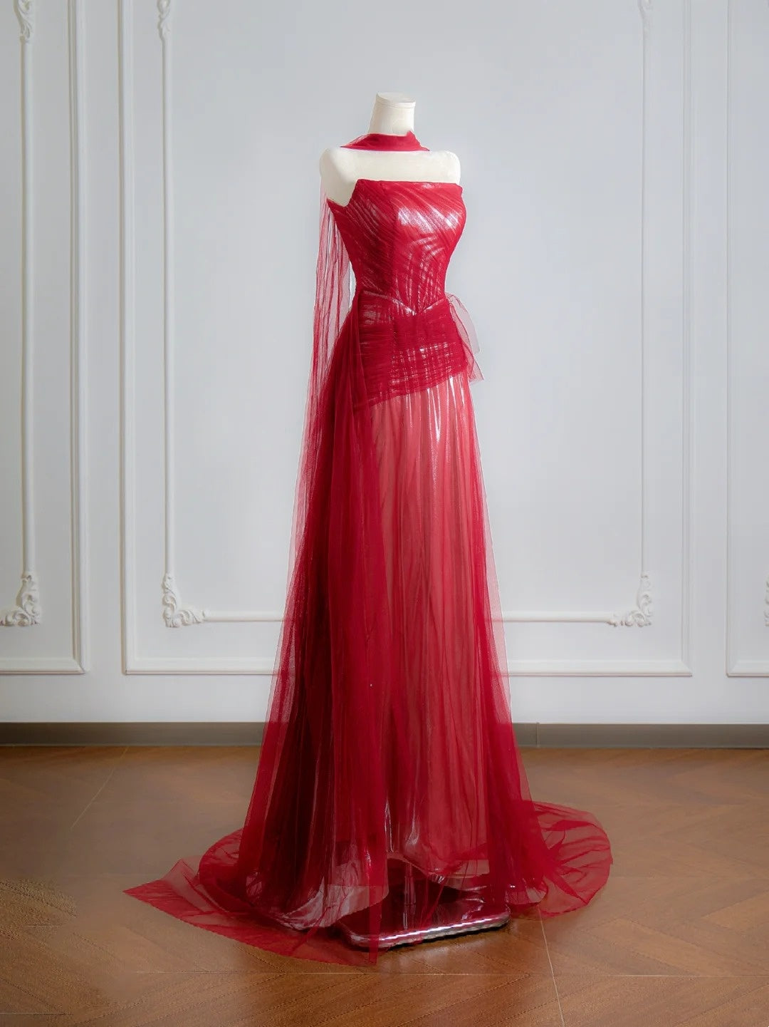 Simple A Line Strapless Red With Scarf Prom Dresses Long Evening Formal Gown BirthdayParty Gowns N376