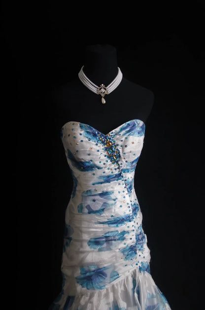 Retro Meerjungfrauen-Abendkleid mit Herzausschnitt, Blumenmuster, blau, 2000er-Jahre, langes Kleid, Inspiration für Outfits zum 19. Geburtstag, formelles Kleid N499