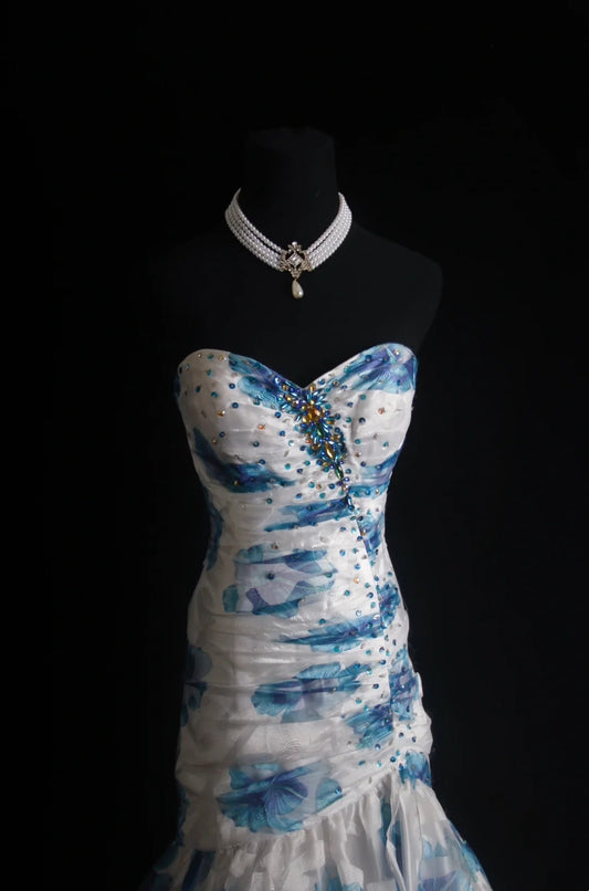 Retro Meerjungfrauen-Abendkleid mit Herzausschnitt, Blumenmuster, blau, 2000er-Jahre, langes Kleid, Inspiration für Outfits zum 19. Geburtstag, formelles Kleid N499