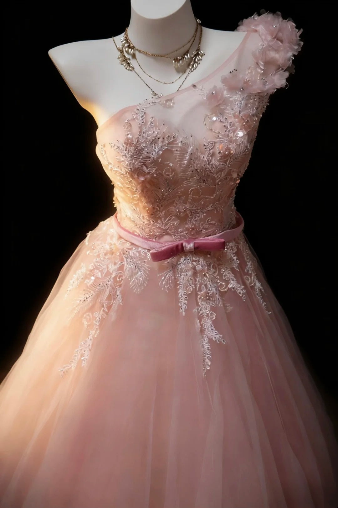 Hübsches Ballkleid für den Abschlussball, One Shoulder, Rouge Pink, Tüll mit Applikationen, langes Abendkleid N2954