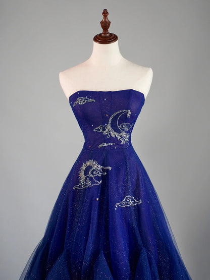 Modest A Line Strapless Tulle Royal Blue Prom Dresses Long for Women Formal Evening Gown AB171