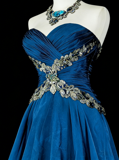 Robe de bal longue vintage en mousseline bleue Sweethart, coupe trapèze, N1824