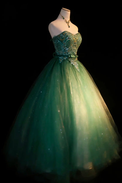 Robes de Bal de Promo Simples Robe de Bal bustier en Tulle Vert avec Perles Longue Robe de Quinceañera N2975