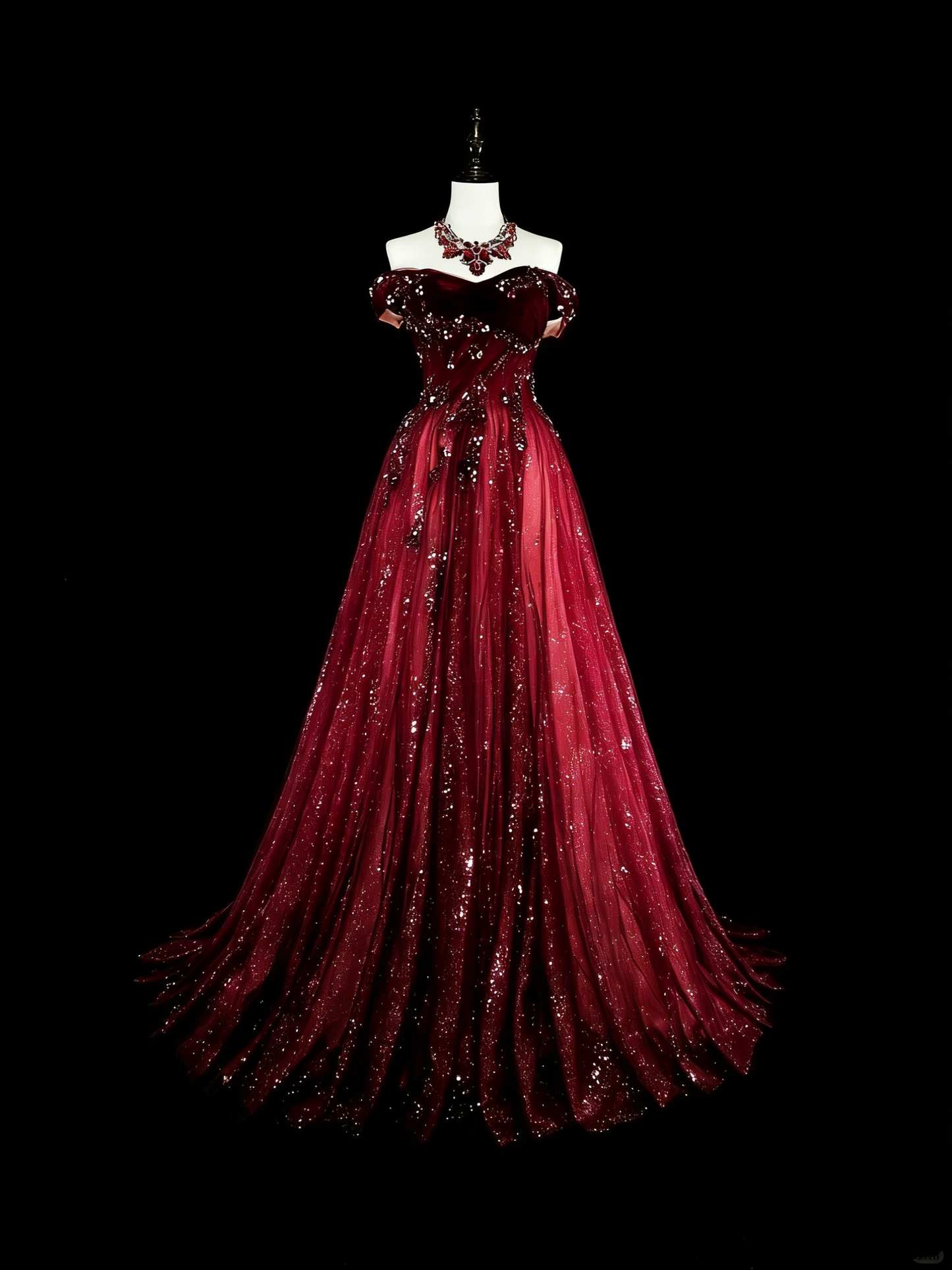 Robe de bal vintage style années 50, robe de bal rétro élégante à épaules dénudées bordeaux longue avec appliques N1995