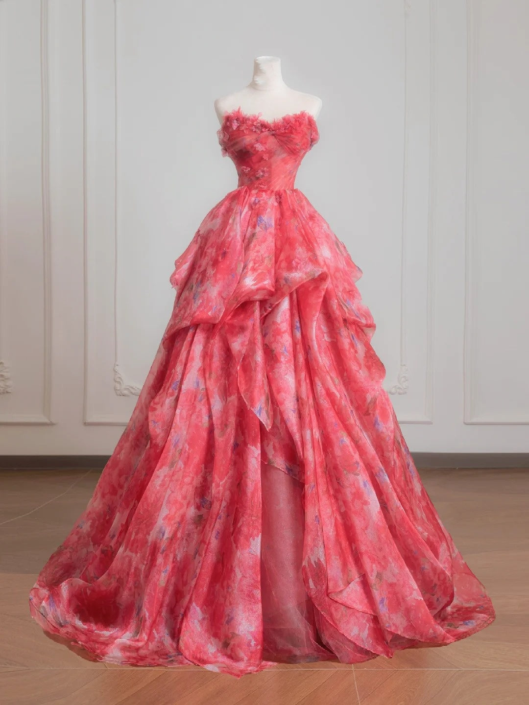 Süßes Ballkleid, herzförmig, rosa, geblümt, Chiffon, langes formelles Abendkleid, formelles Geburtstagskleid, Ballkleid N727