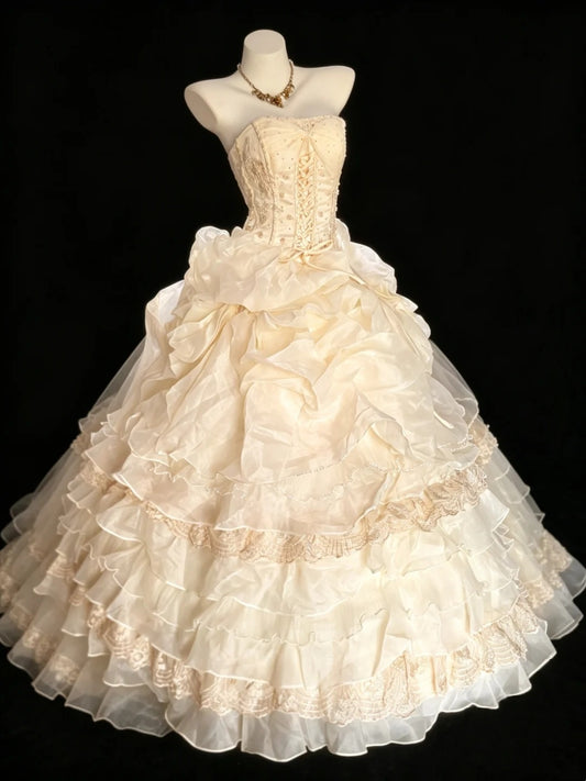 Sweet Ball Gown Strapless Tulle Yellow Tiered Sweet 16 Dresses Quinceanera Dress Long 15 Vestidos De Fiesta N4213