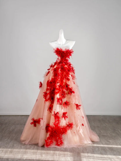Robe de bal bustier rouge à fleurs sans manches avec application en tulle rose, longue robe de quinceañera, tenue d'anniversaire pour les 15 et 16 ans N676