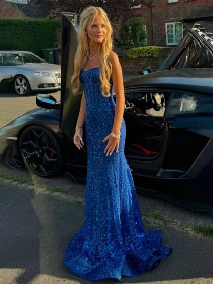 Shiny Royal Blue Mermaid Spaghetti Straps Long Beaded Prom Dress Party Gowns RB1671