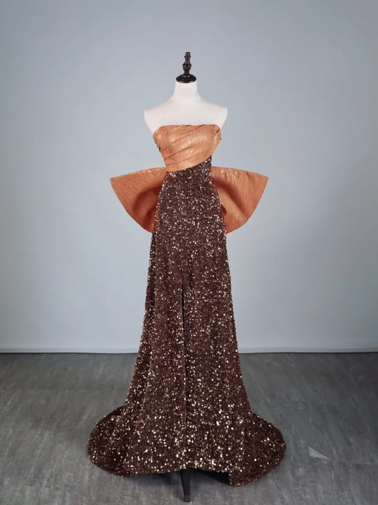 Cute A Line Strapless Brown Sequins Senior Prom Dresses High School Long Formal Dress N1279