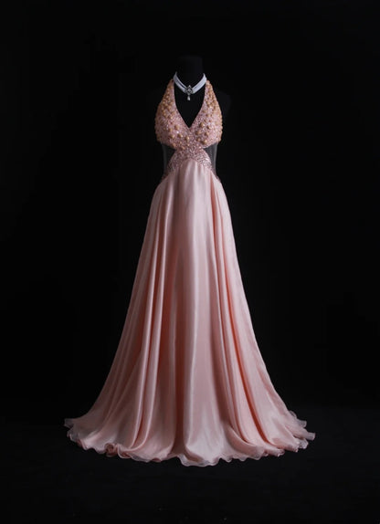 Vintage Prom Dresses Aesthetic 80s Retro A line V Neck Pink Chiffon Floor Length Formal Outfits N2331