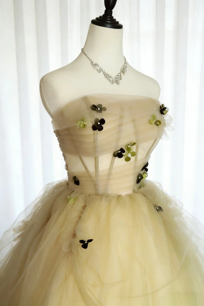 Robes de Bal Simples Robe de Bal bustier en Tulle Jaune avec Fleurs Longue Robe de Quinceañera N2963