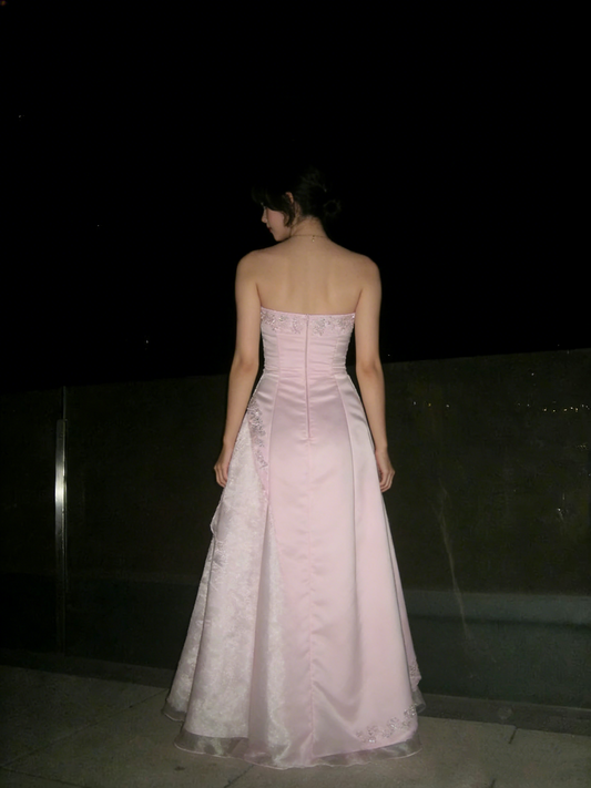 Vintage A-line Light Pink Strapless Prom Dress With Embroidery Evening Outfits Formal Dress N536