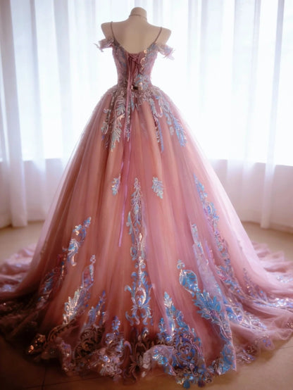 Mignonne Robe de Bal Bretelles Fines en Satin Rose avec Appliques Robes de Soirée Longues Robes de Bal de Promo N3039