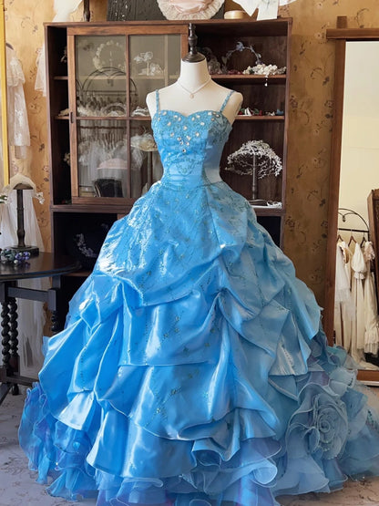 Vintage Ball Gown Spaghetti Straps Blue With Layers Tiered Sweet 16 Dresses Long 15 Vestidos De Fiesta N2264