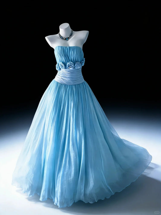 Modest Prom Dresses Ball Gown Strapless Blue Tulle With Ruffled Flowers Long Quince Dress N3051