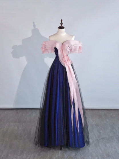 Modest Night Aesthetic Ball Gown Off The Shoulder Blue Pink Tulle College Formal Sweet 16 Outfit Long Prom Dresses For Teens N1164
