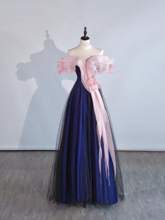 Modest Night Aesthetic Ball Gown Off The Shoulder Blue Pink Tulle College Formal Sweet 16 Outfit Long Prom Dresses For Teens N1164