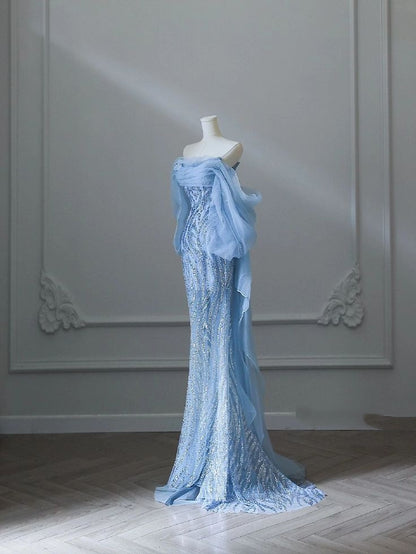 Robe de soirée longue sirène sexy à épaules dénudées et sequins bleus AB1684