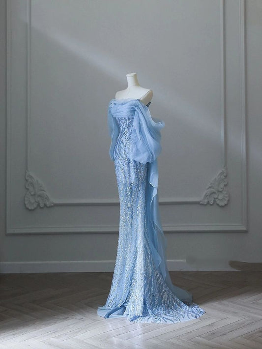 Sexy Mermaid Off The Shoulder Blue Sequin Long Formal Prom Dress Evening Gowns AB1684