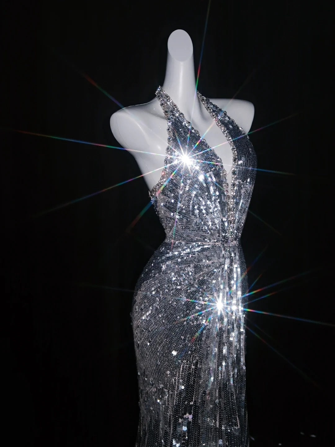 Glittery Mermaid Halter Grey Sequins Long Prom Dresses Evening Outfits Formal Dress N1075