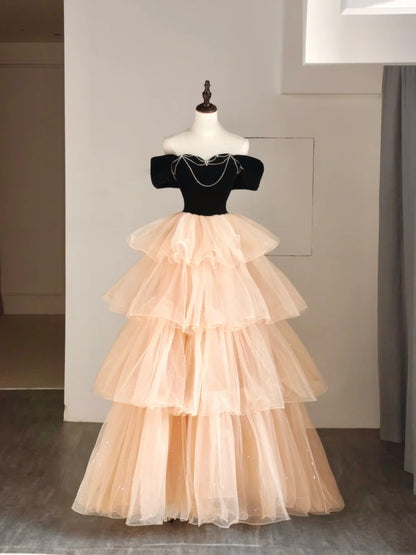 Prinzessinnen-Ballkleid, schulterfrei, Tüll, Champagner, formelles Outfit für College, Abschlussball, Abschlusskleid für Teenager N1348