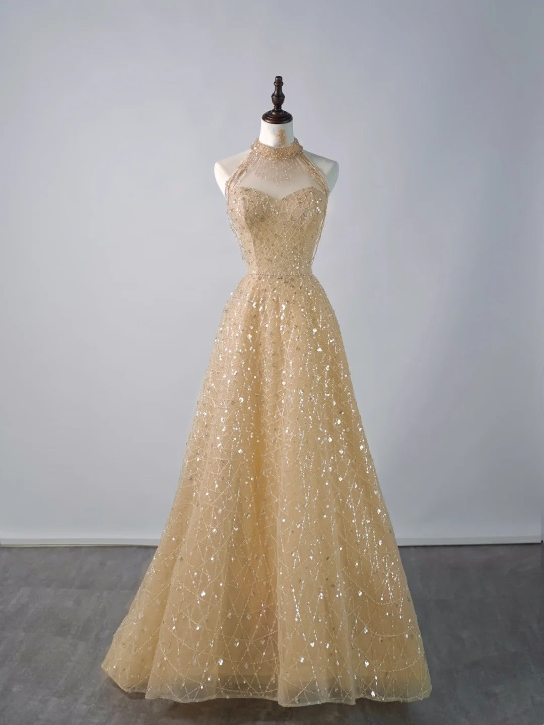 Robe de bal longue à paillettes jaunes, col montant, pour lycéennes (N1290)