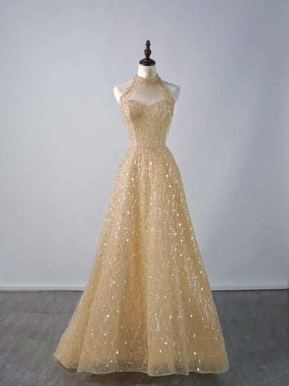 Robe de bal longue à paillettes jaunes, col montant, pour lycéennes (N1290)